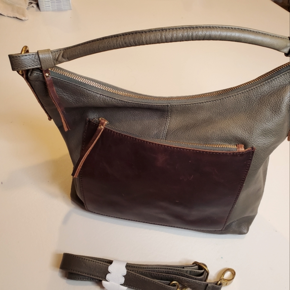 RFID olive and brown leather handbag